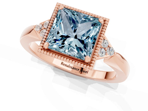 Rose gold Princess Cut Aquamarine Halo Ring with Tapered Band and Four-Prong Setting_1