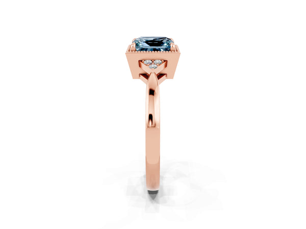 Rose gold Princess Cut Aquamarine Halo Ring with Tapered Band and Four-Prong Setting