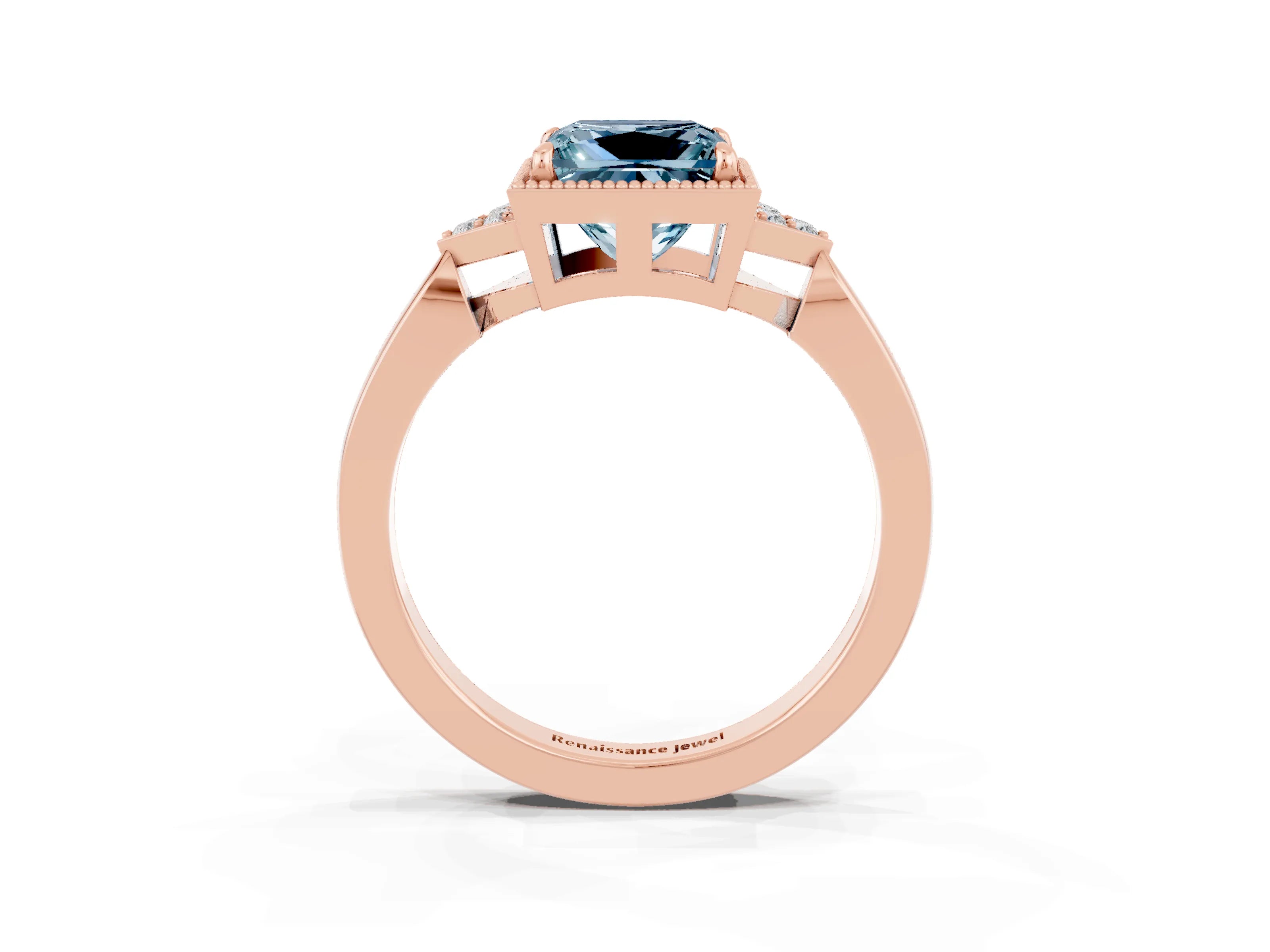 Rose gold Princess Cut Aquamarine Halo Ring with Tapered Band and Four-Prong Setting_3