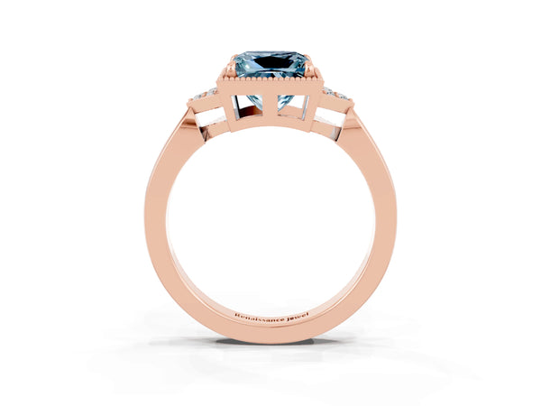 Rose gold Princess Cut Aquamarine Halo Ring with Tapered Band and Four-Prong Setting