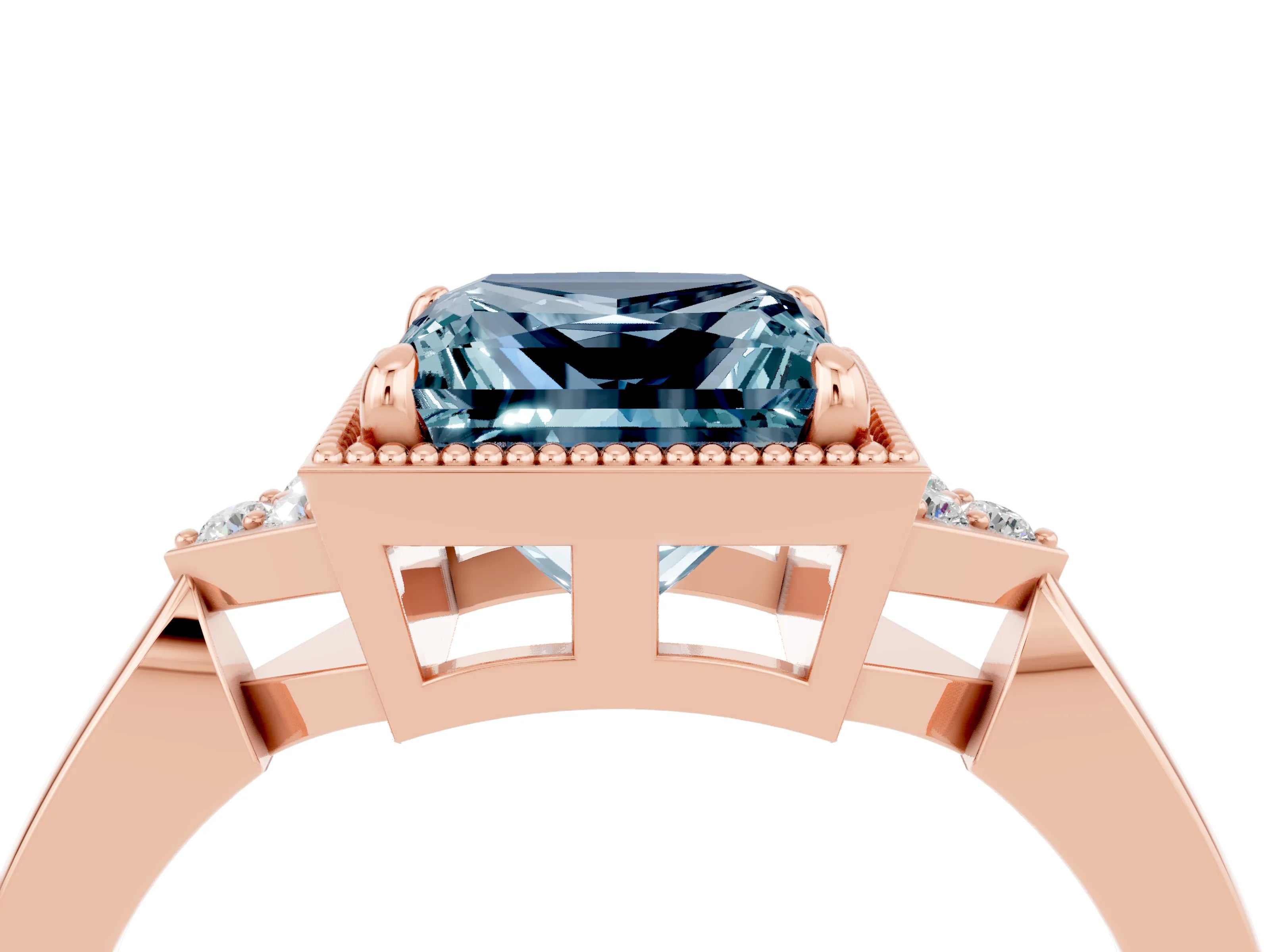 Rose gold Princess Cut Aquamarine Halo Ring with Tapered Band and Four-Prong Setting_4