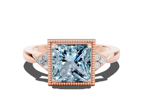 Rose gold Princess Cut Aquamarine Halo Ring with Tapered Band and Four-Prong Setting
