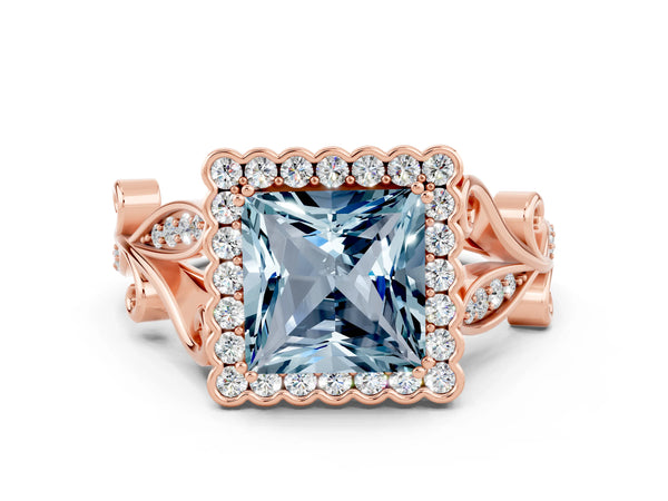 Rose gold Princess Cut Aquamarine Halo Ring with Vintage Split Shank and Four-Prong Setting