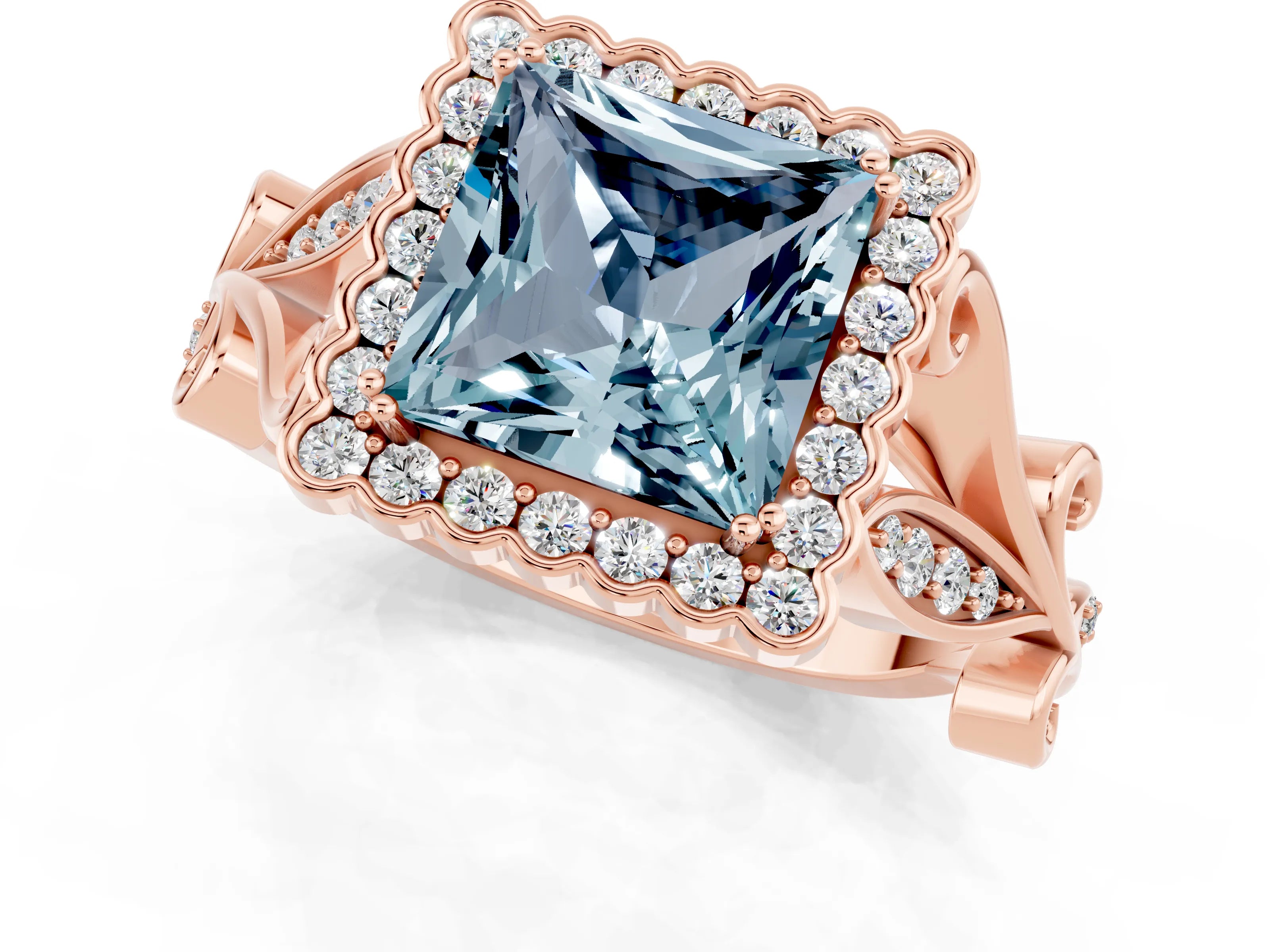 Rose gold Princess Cut Aquamarine Halo Ring with Vintage Split Shank and Four-Prong Setting_1