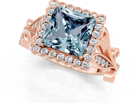Rose gold Princess Cut Aquamarine Halo Ring with Vintage Split Shank and Four-Prong Setting_1