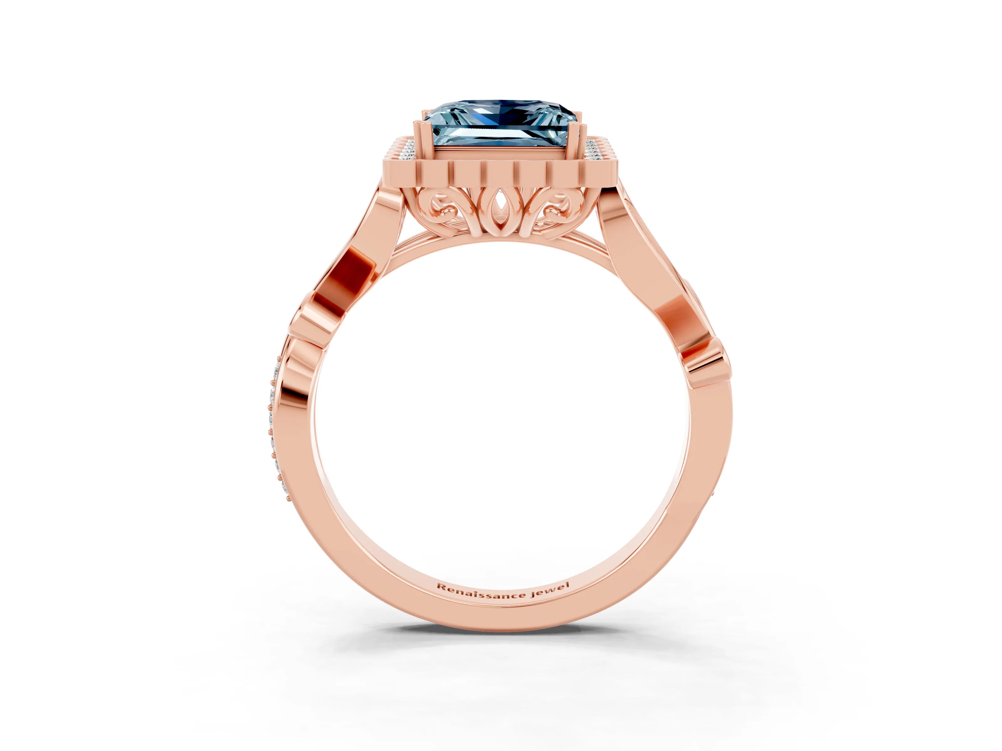 Rose gold Princess Cut Aquamarine Halo Ring with Vintage Split Shank and Four-Prong Setting_3