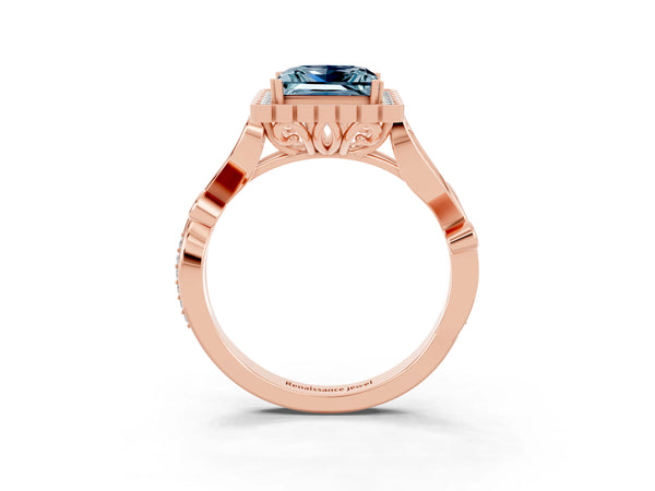 Rose gold Princess Cut Aquamarine Halo Ring with Vintage Split Shank and Four-Prong Setting