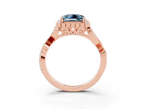 Rose gold Princess Cut Aquamarine Halo Ring with Vintage Split Shank and Four-Prong Setting_3