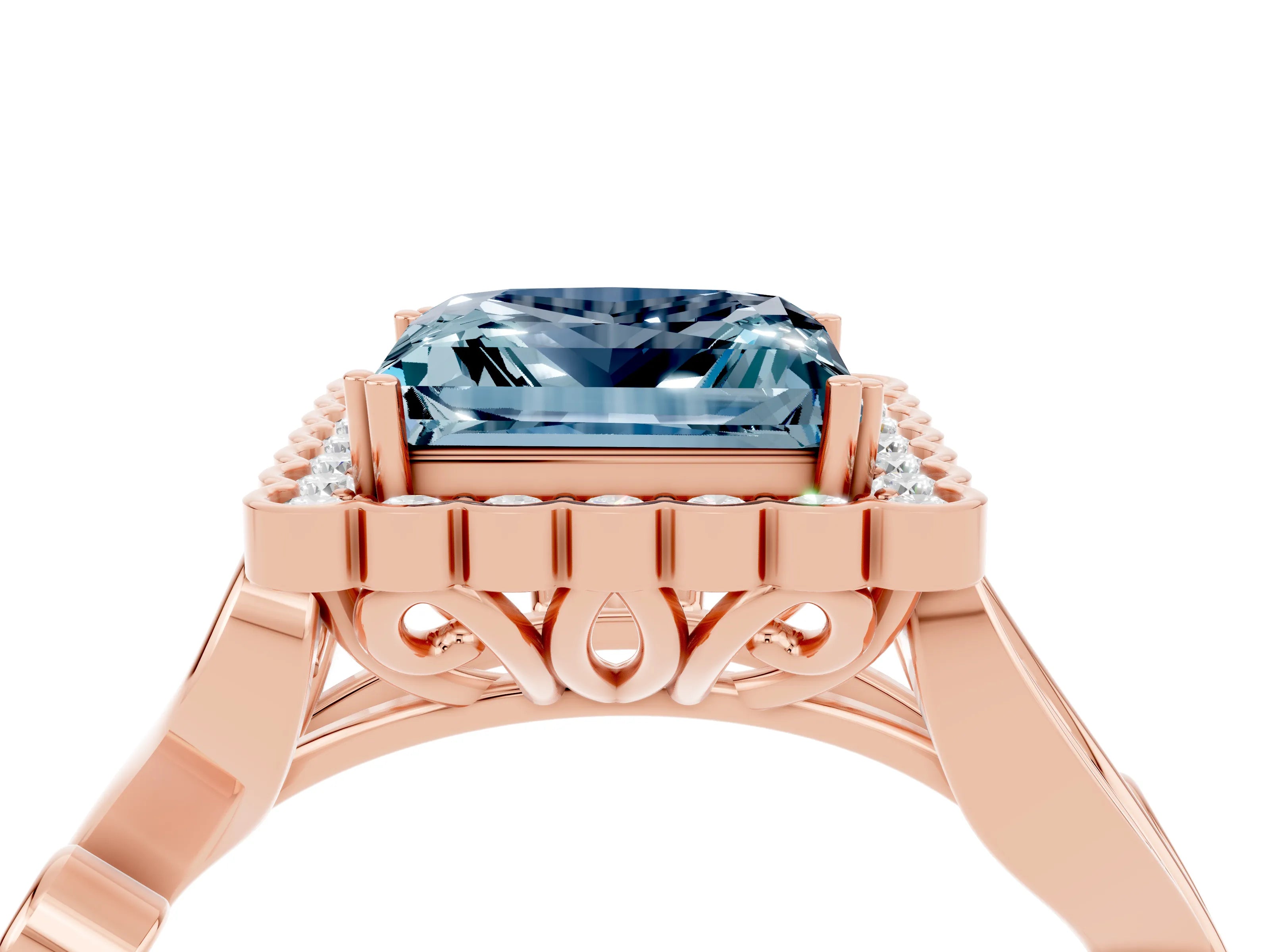 Rose gold Princess Cut Aquamarine Halo Ring with Vintage Split Shank and Four-Prong Setting_4