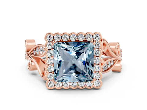 Rose gold Princess Cut Aquamarine Halo Ring with Vintage Split Shank and Four-Prong Setting