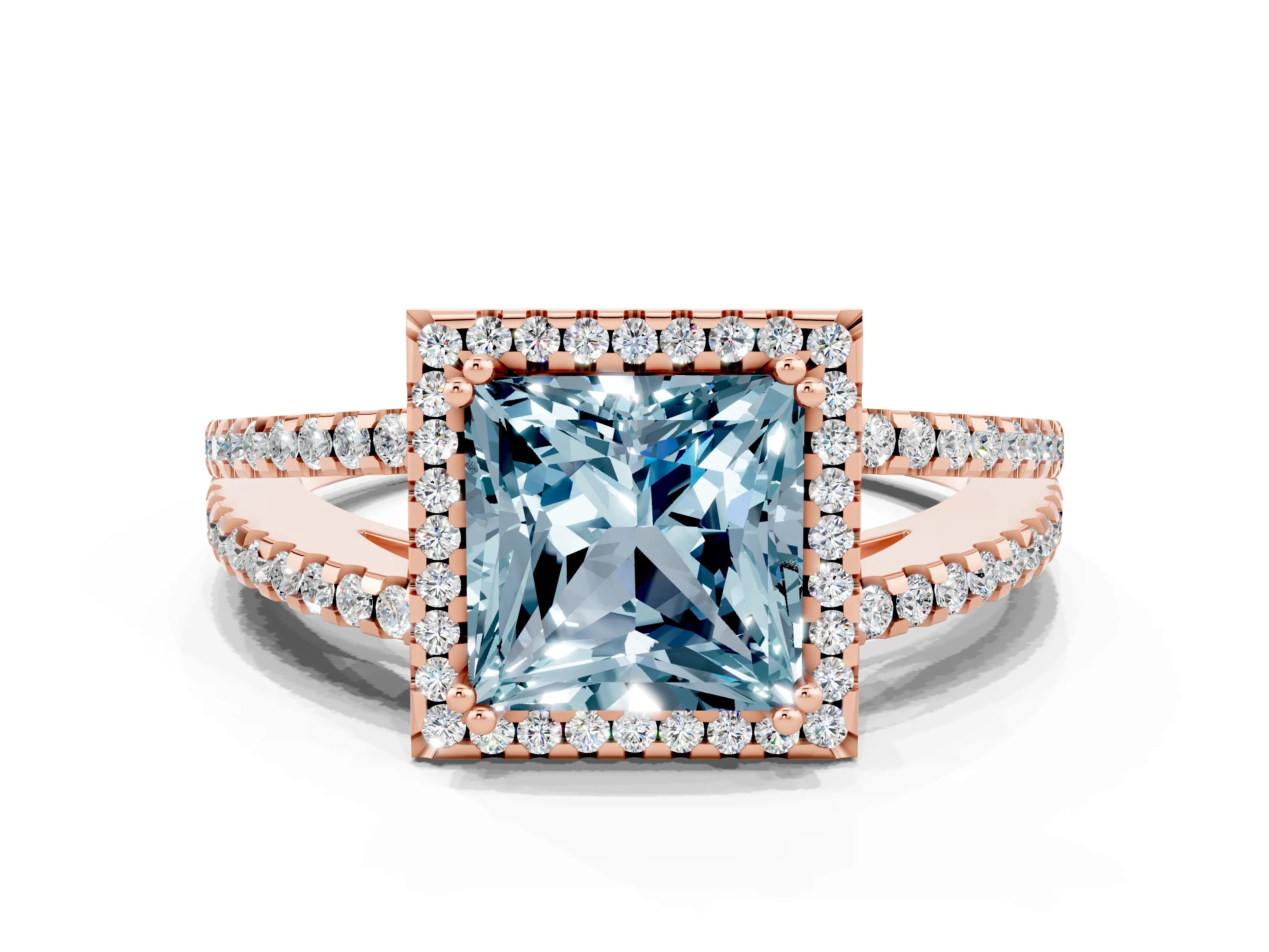 Rose gold Princess Cut Aquamarine Halo Split Shank Engagement Ring_12