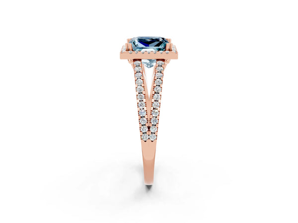 Rose gold Princess Cut Aquamarine Halo Split Shank Engagement Ring