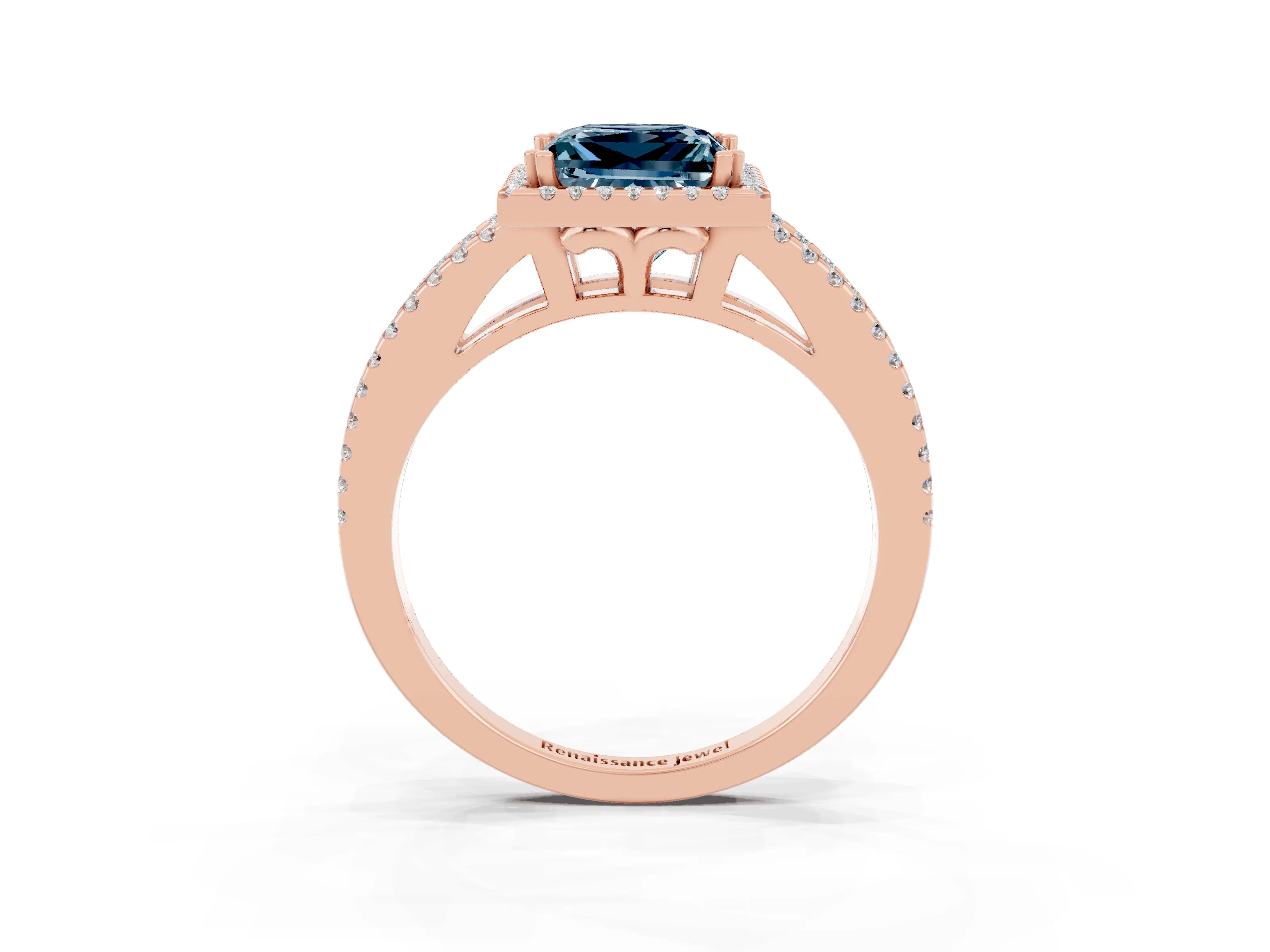 Rose gold Princess Cut Aquamarine Halo Split Shank Engagement Ring_15