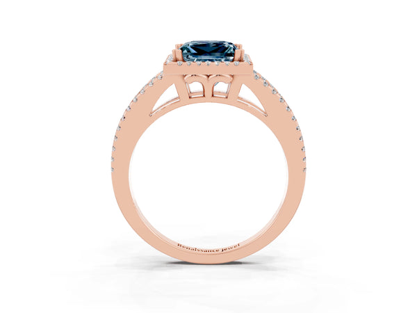 Rose gold Princess Cut Aquamarine Halo Split Shank Engagement Ring