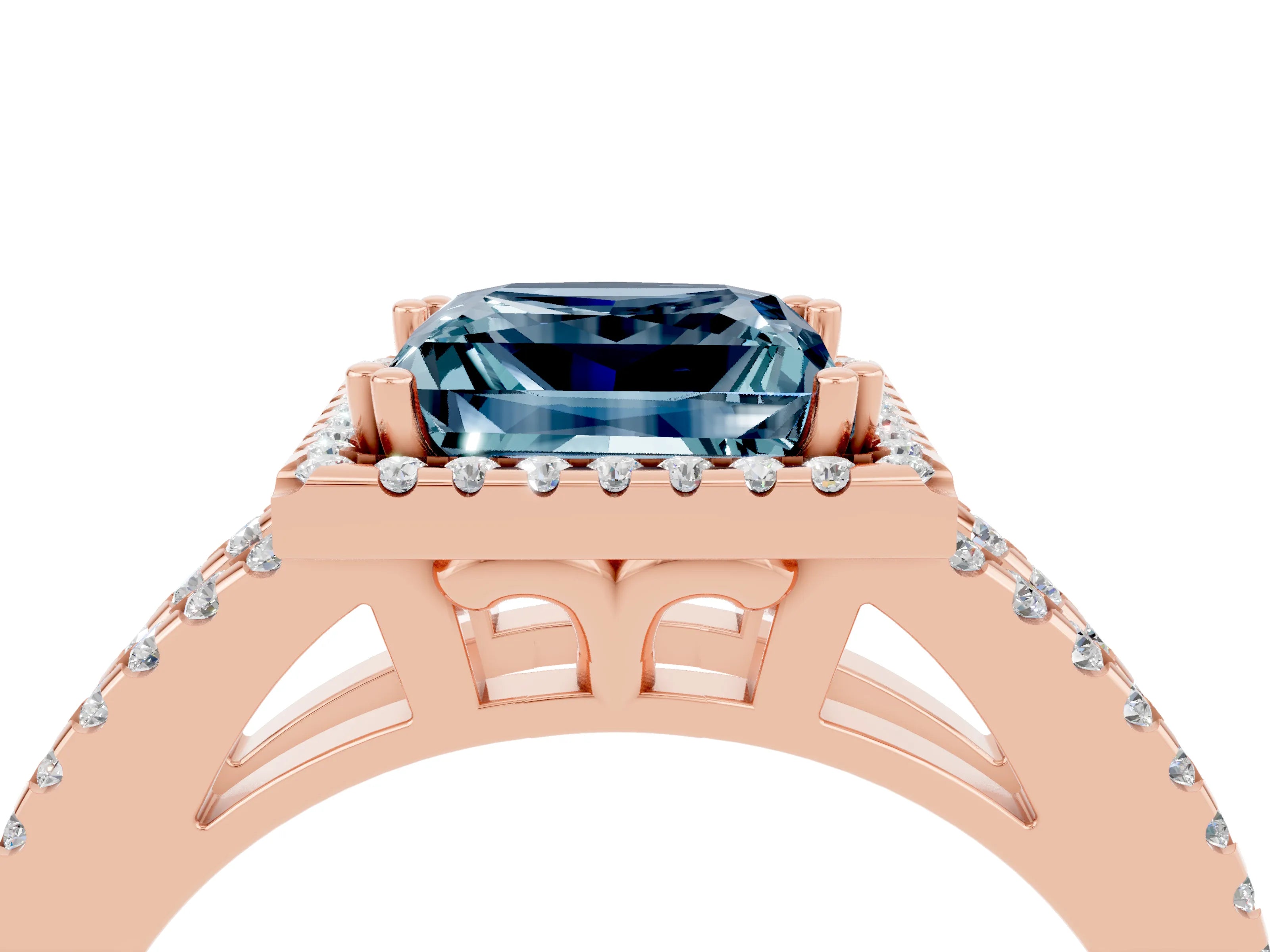 Rose gold Princess Cut Aquamarine Halo Split Shank Engagement Ring_16
