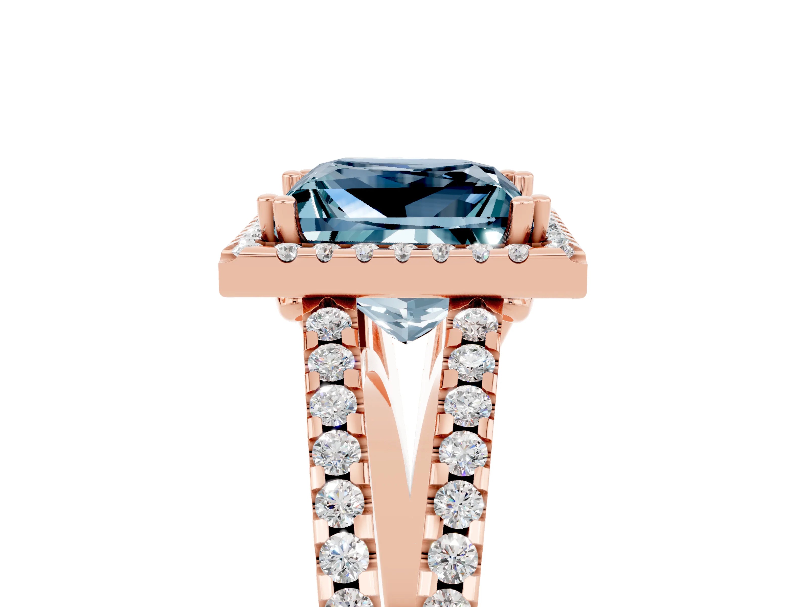 Rose gold Princess Cut Aquamarine Halo Split Shank Engagement Ring_17