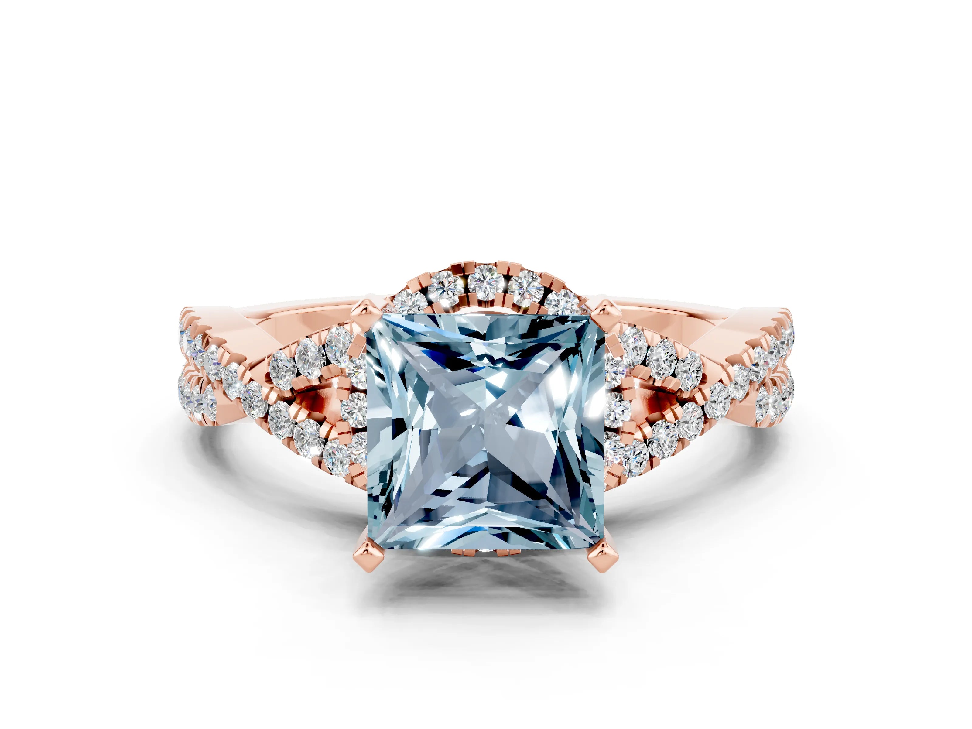 Rose gold Princess Cut Aquamarine Halo Twist Band Solitaire Prong Setting Ring