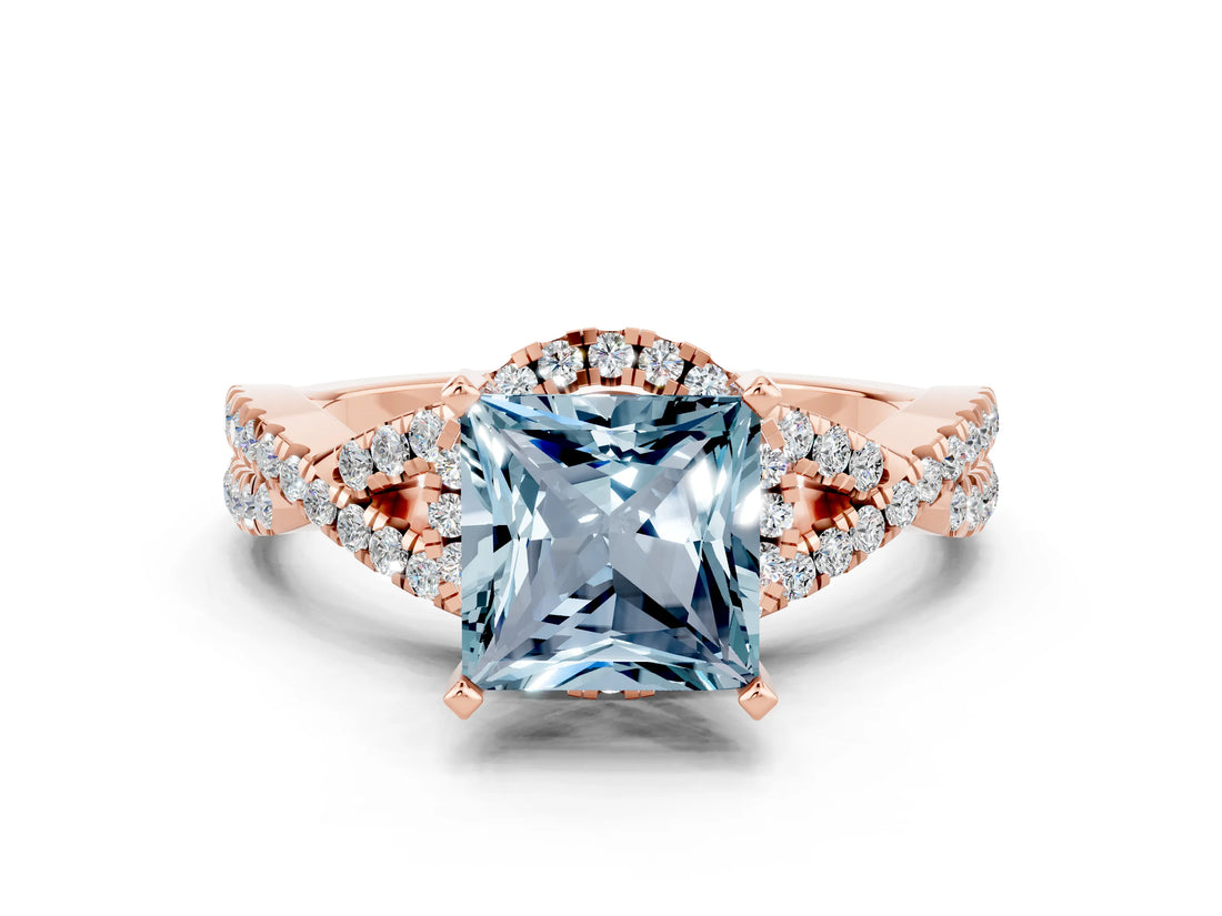 Rose gold Princess Cut Aquamarine Halo Twist Band Solitaire Prong Setting Ring