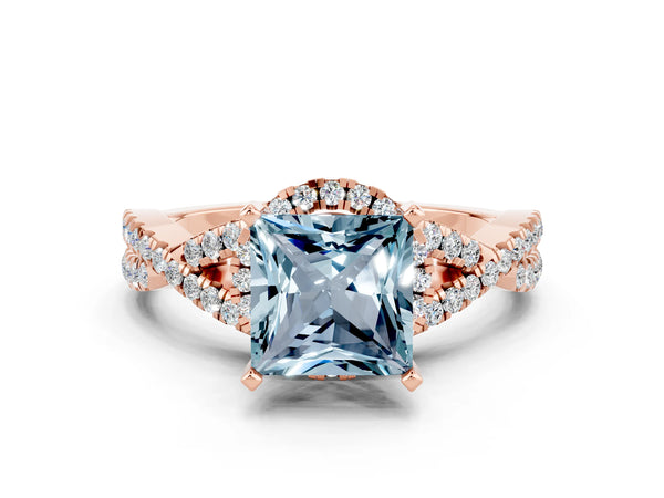 Rose gold Princess Cut Aquamarine  Halo Twist Band Solitaire Prong Setting Ring