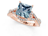 Rose gold Princess Cut Aquamarine Halo Twist Band Solitaire Prong Setting Ring_1
