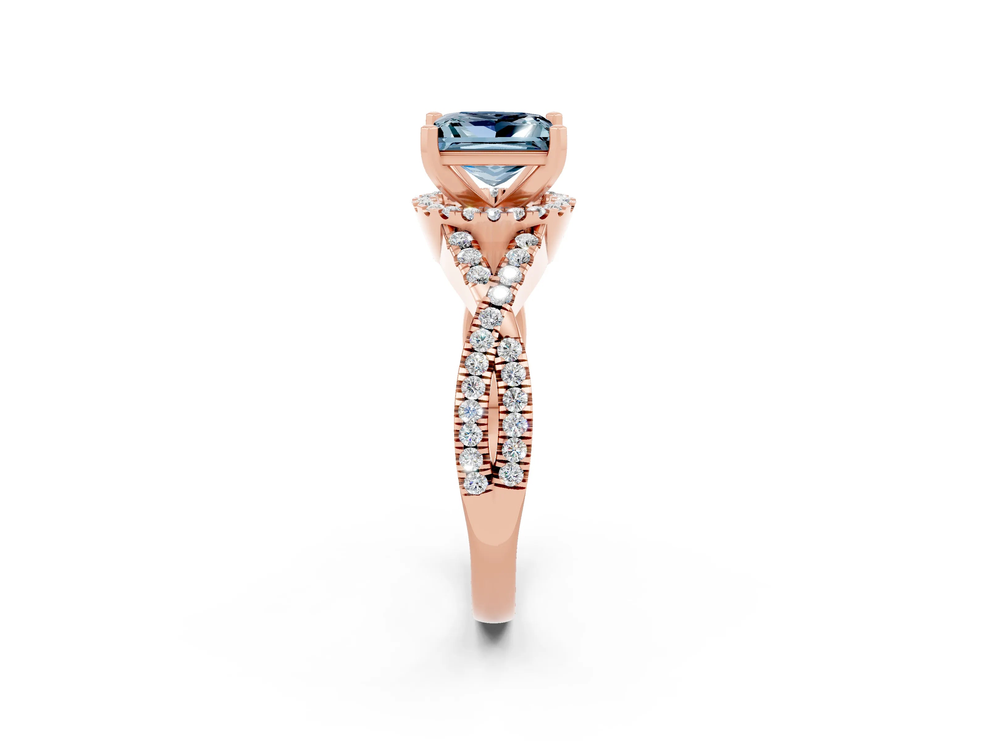 Rose gold Princess Cut Aquamarine Halo Twist Band Solitaire Prong Setting Ring_2