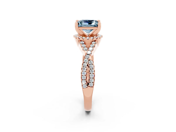 Rose gold Princess Cut Aquamarine  Halo Twist Band Solitaire Prong Setting Ring