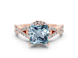 Rose gold Princess Cut Aquamarine  Halo Twist Band Solitaire Prong Setting Ring_24