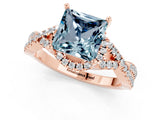 Rose gold Princess Cut Aquamarine  Halo Twist Band Solitaire Prong Setting Ring_25