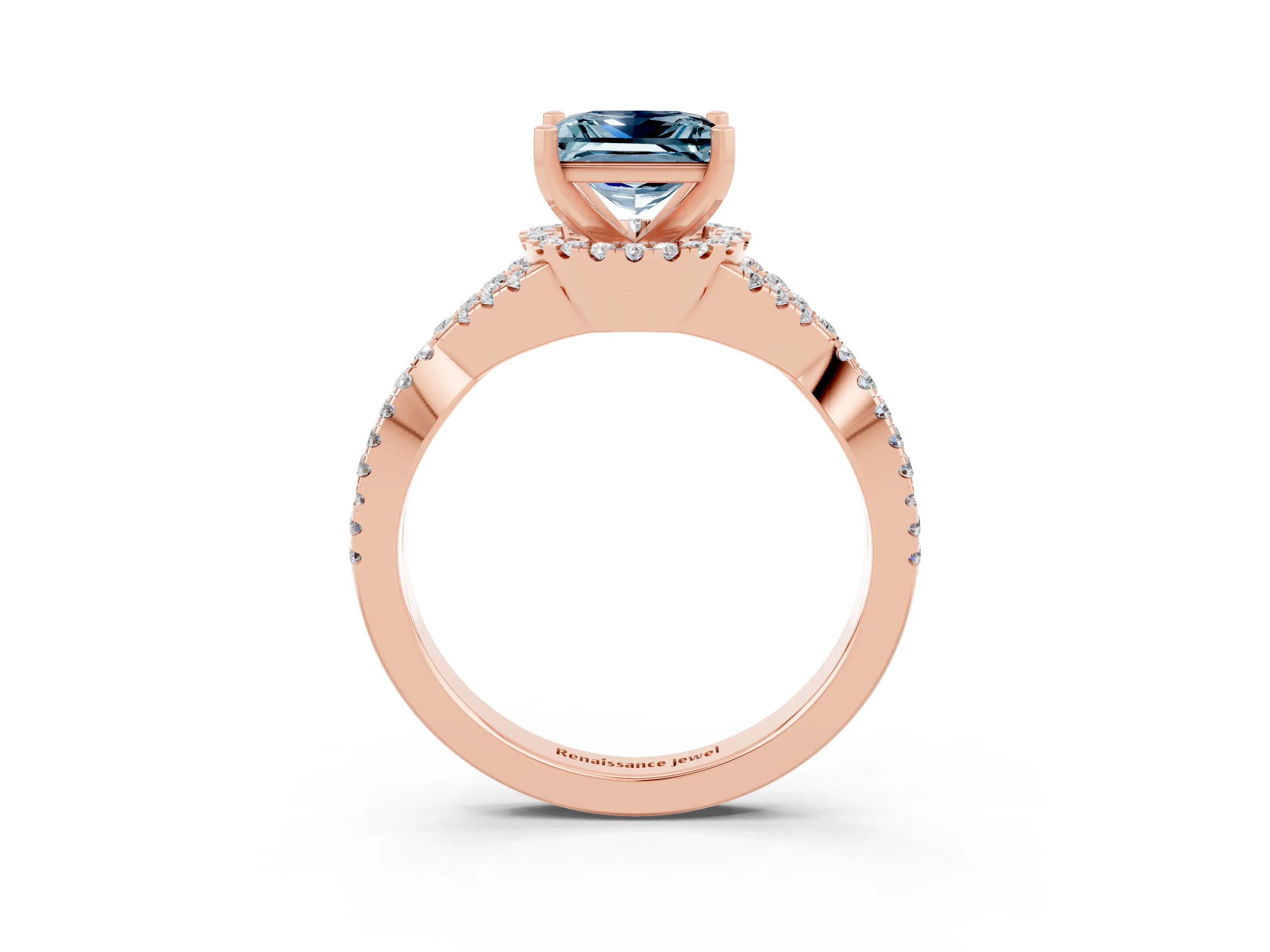 Rose gold Princess Cut Aquamarine Halo Twist Band Solitaire Prong Setting Ring_3