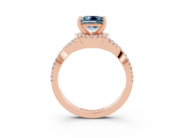 Rose gold Princess Cut Aquamarine  Halo Twist Band Solitaire Prong Setting Ring