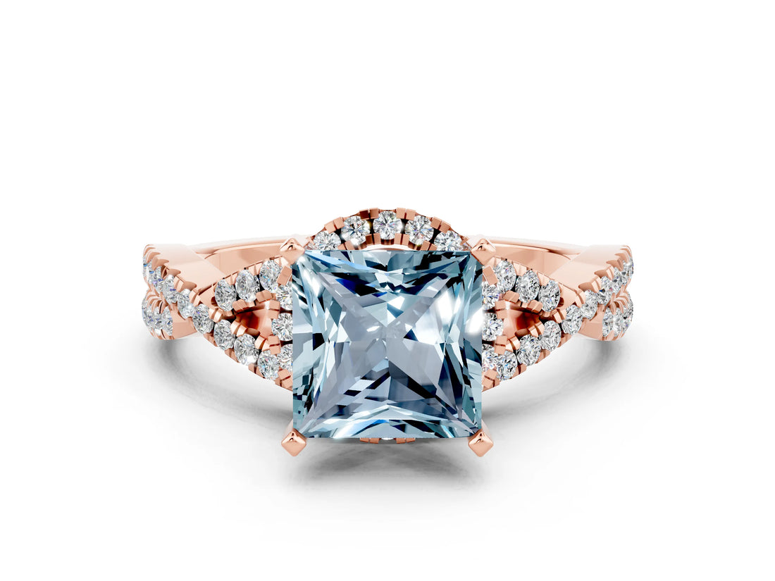 Rose gold Princess Cut Aquamarine  Halo Twist Band Solitaire Prong Setting Ring_42