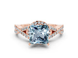Rose gold Princess Cut Aquamarine  Halo Twist Band Solitaire Prong Setting Ring_42