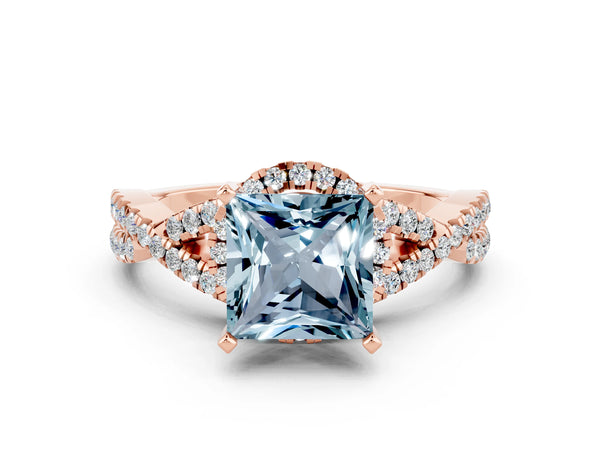 Rose gold Princess Cut Aquamarine  Halo Twist Band Solitaire Prong Setting Ring