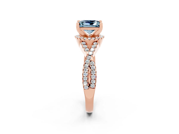 Rose gold Princess Cut Aquamarine  Halo Twist Band Solitaire Prong Setting Ring