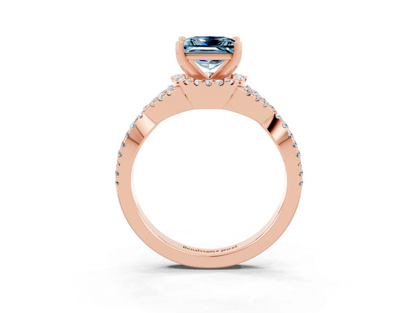 Rose gold Princess Cut Aquamarine  Halo Twist Band Solitaire Prong Setting Ring
