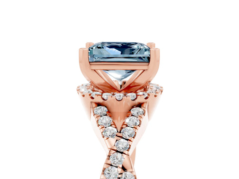 Rose gold Princess Cut Aquamarine Halo Twist Band Solitaire Prong Setting Ring_5