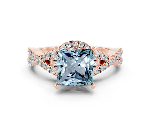 Rose gold Princess Cut Aquamarine Halo Twist Band Solitaire Prong Setting Ring