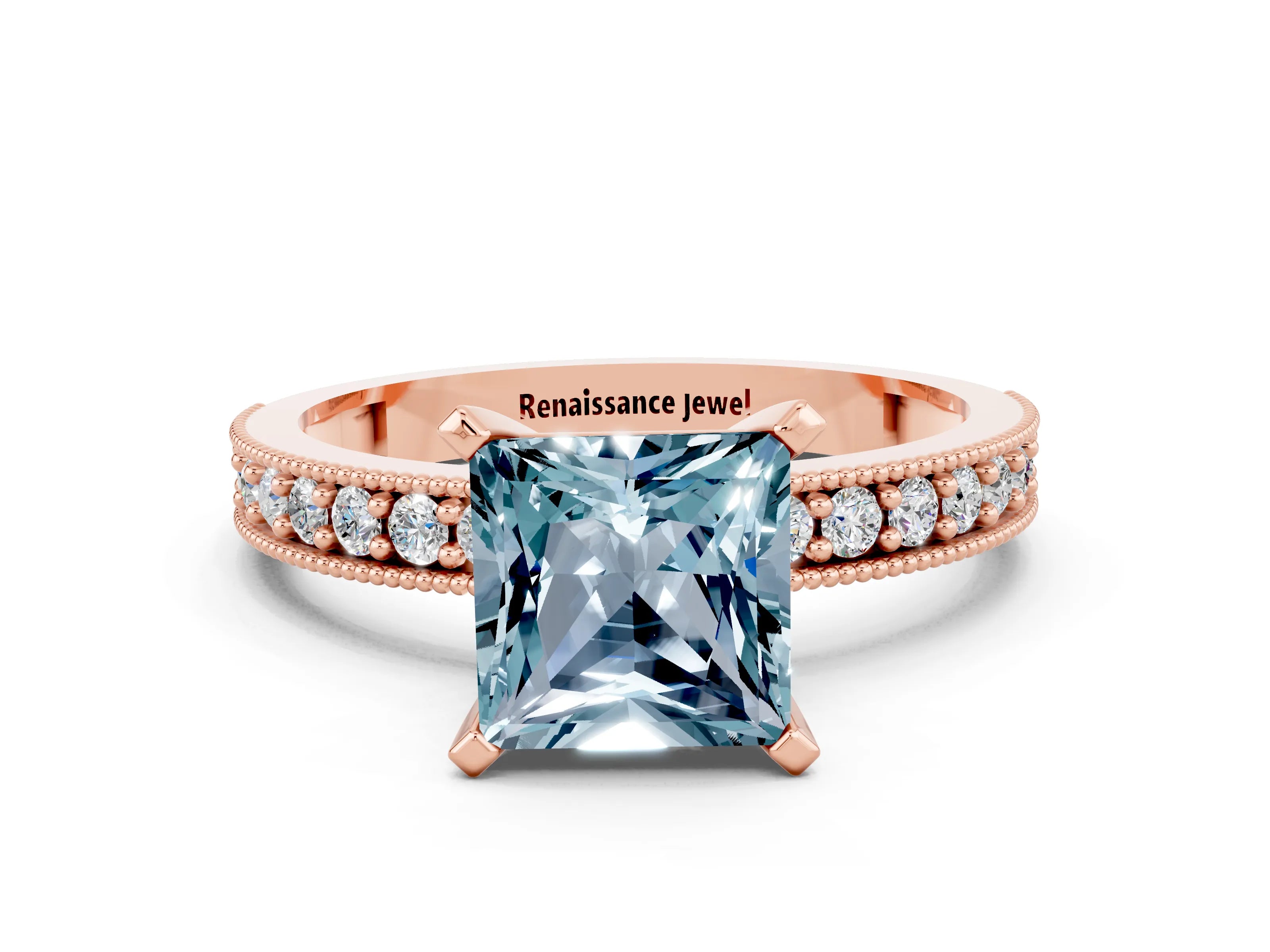 Rose gold Princess Cut Aquamarine Milgrain Pavé Engagement Ring with Four-Prong Setting_12