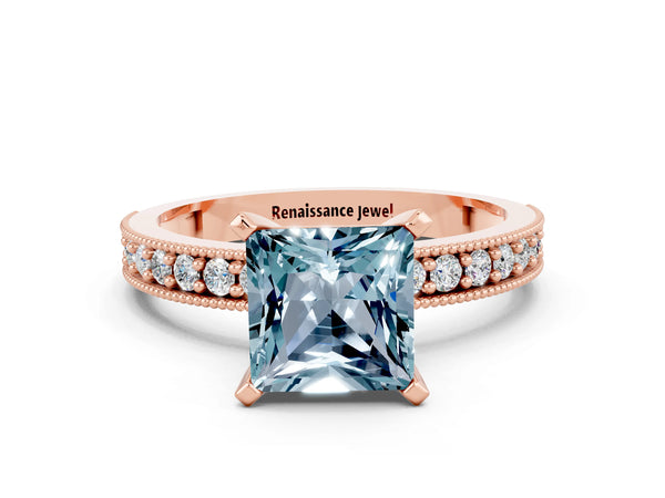 Rose gold Princess Cut Aquamarine Milgrain Pavé Engagement Ring with Four-Prong Setting