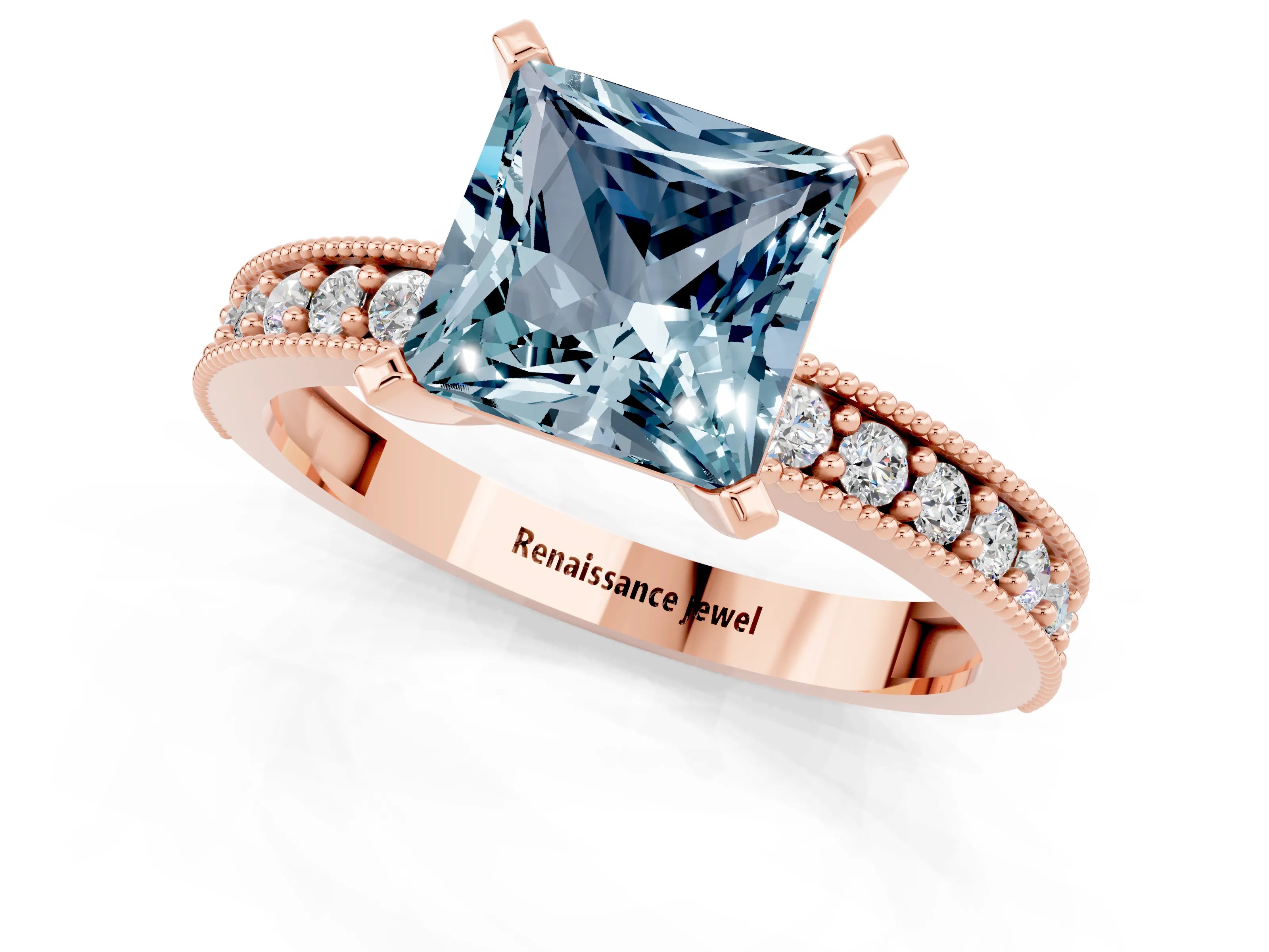 Rose gold Princess Cut Aquamarine Milgrain Pavé Engagement Ring with Four-Prong Setting_13