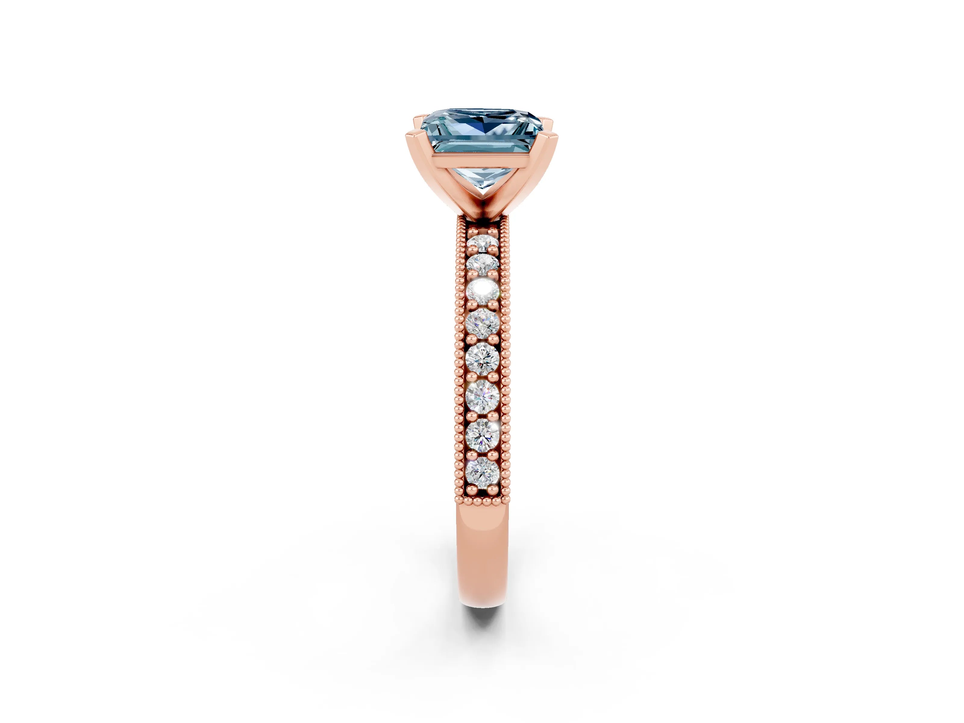 Rose gold Princess Cut Aquamarine Milgrain Pavé Engagement Ring with Four-Prong Setting_14