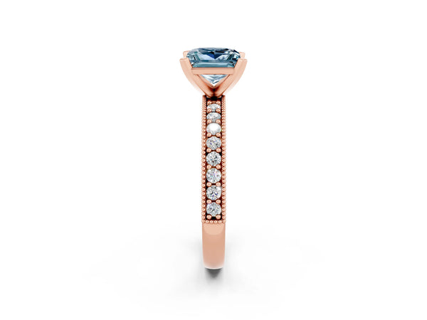 Rose gold Princess Cut Aquamarine Milgrain Pavé Engagement Ring with Four-Prong Setting