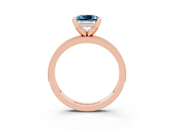 Rose gold Princess Cut Aquamarine Milgrain Pavé Engagement Ring with Four-Prong Setting
