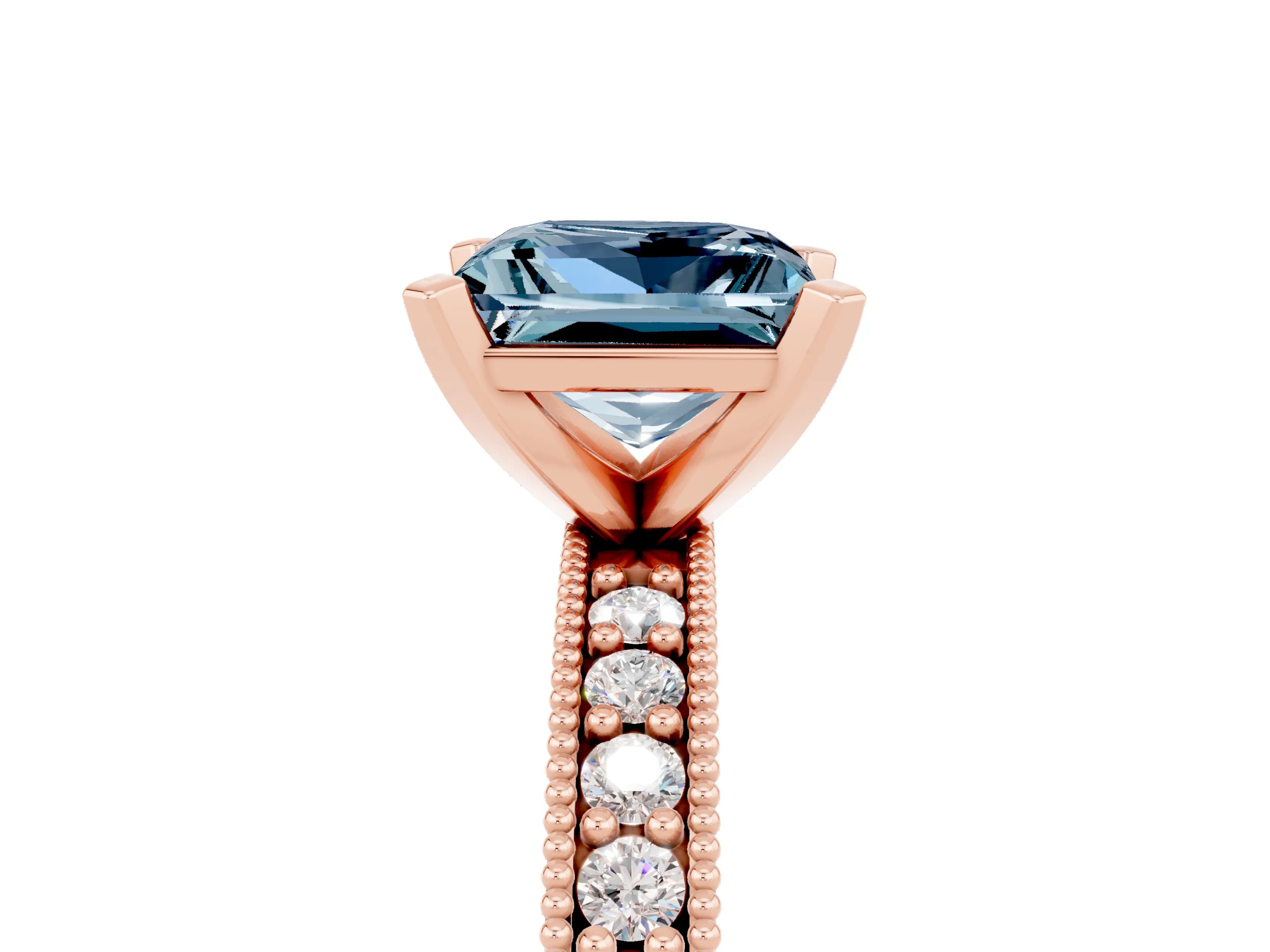 Rose gold Princess Cut Aquamarine Milgrain Pavé Engagement Ring with Four-Prong Setting_17