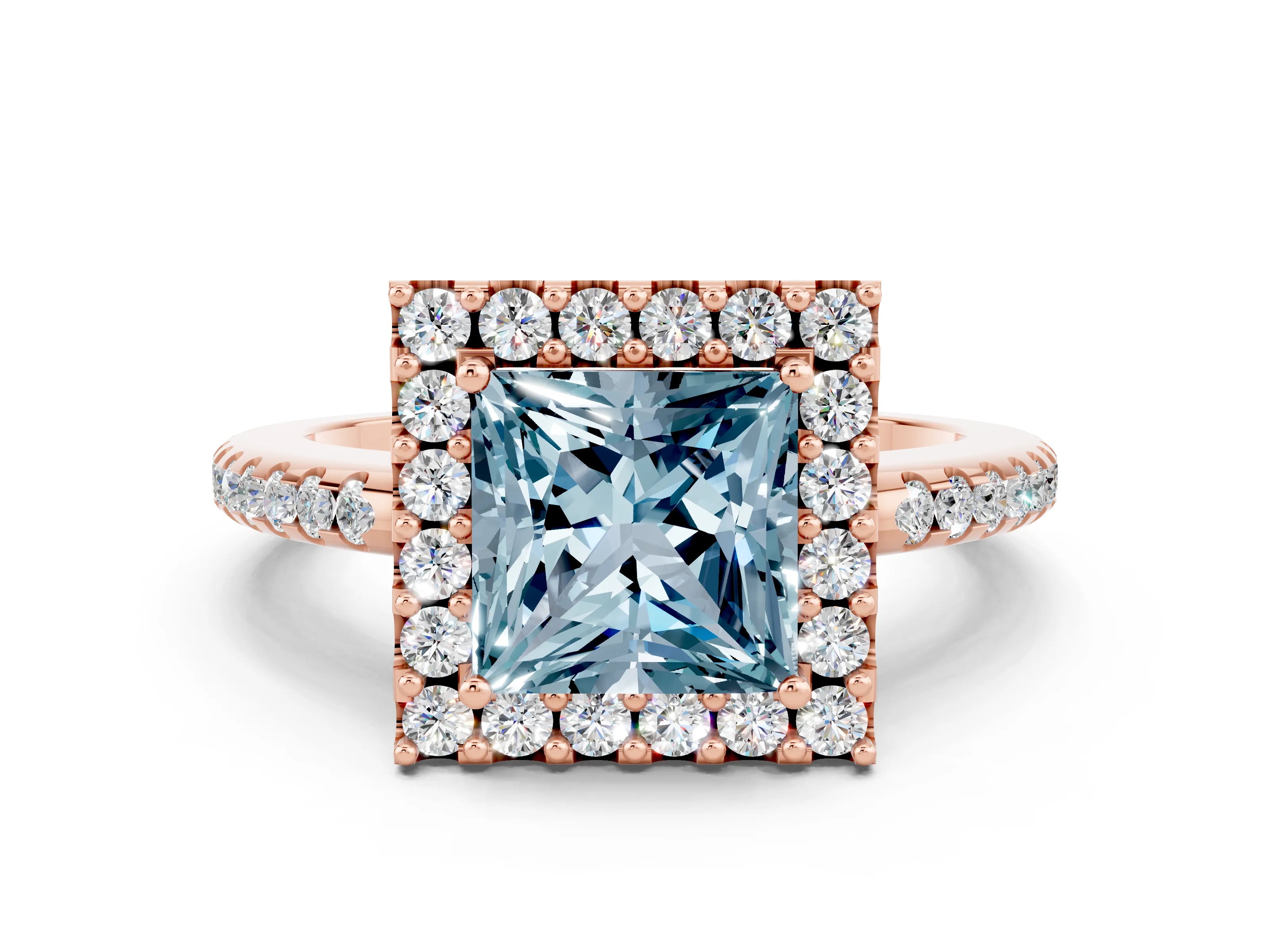 Rose gold Princess Cut Aquamarine Pavé Halo Ring with Four-Prong Setting_12