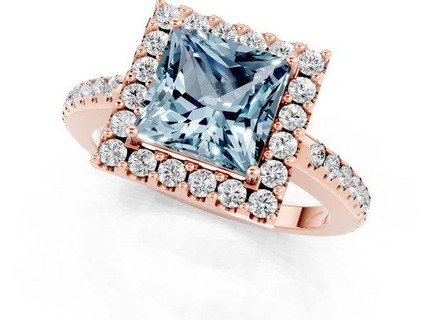 Rose gold Princess Cut Aquamarine Pavé Halo Ring with Four-Prong Setting