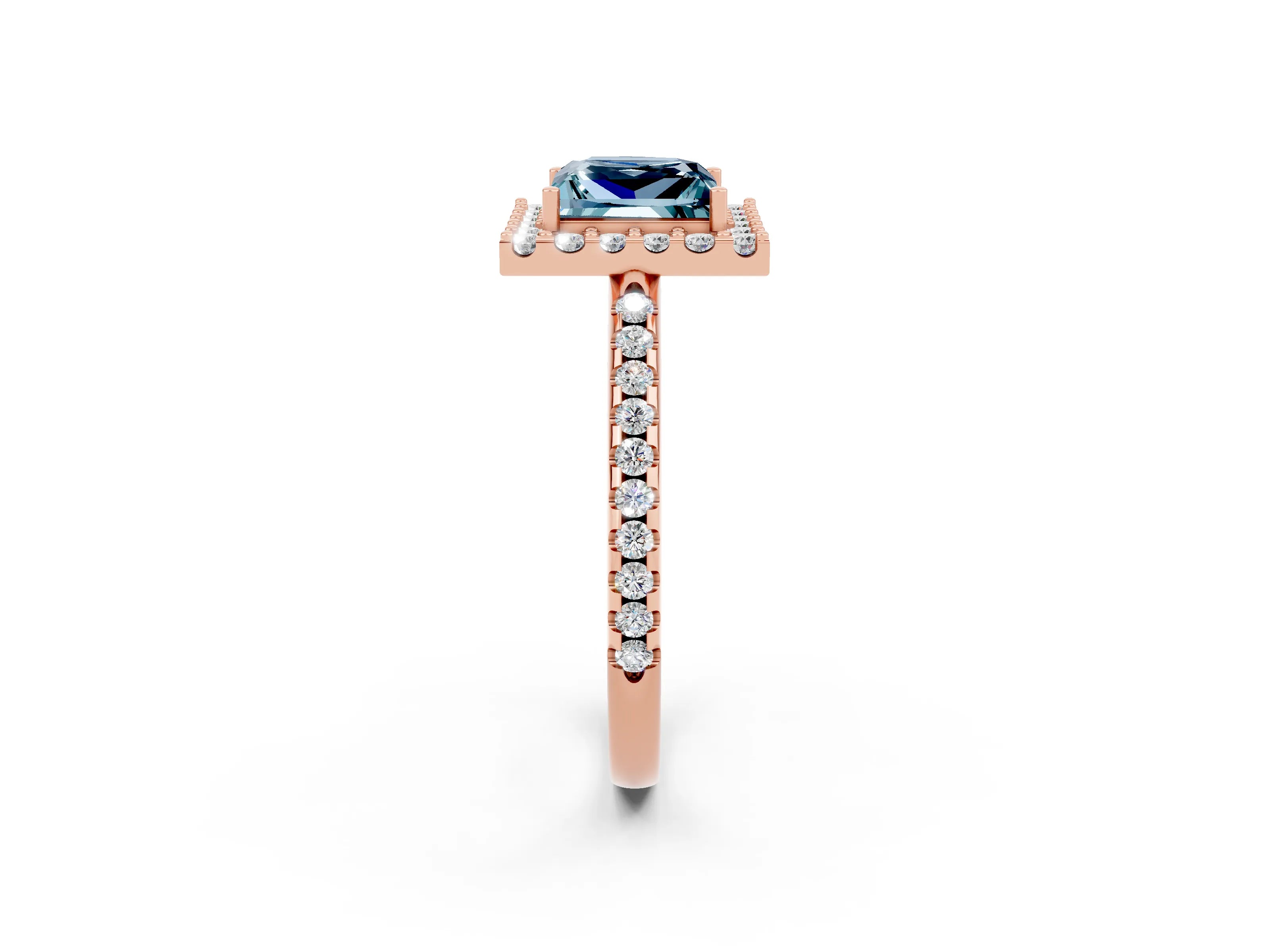 Rose gold Princess Cut Aquamarine Pavé Halo Ring with Four-Prong Setting_14