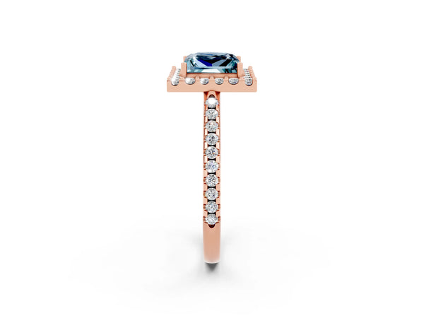 Rose gold Princess Cut Aquamarine Pavé Halo Ring with Four-Prong Setting