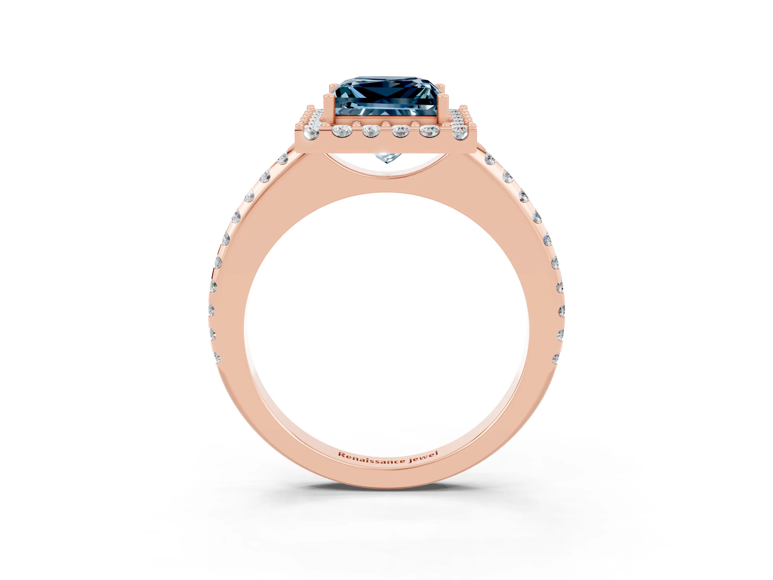 Rose gold Princess Cut Aquamarine Pavé Halo Ring with Four-Prong Setting_15
