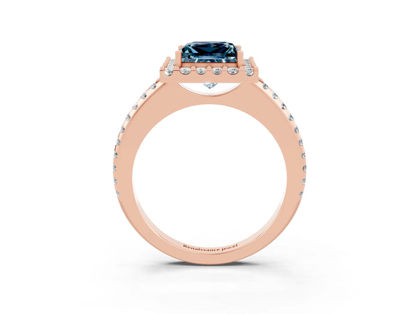 Rose gold Princess Cut Aquamarine Pavé Halo Ring with Four-Prong Setting